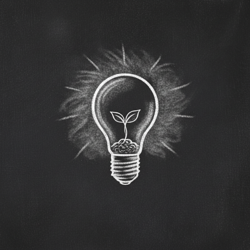 A chalk lightbulb with a seedling sprouting inside it