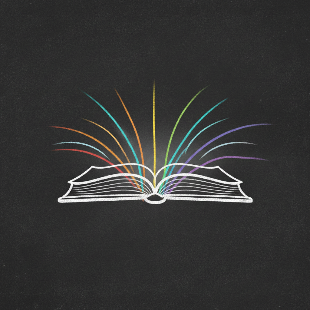An open book with light rising from its pages