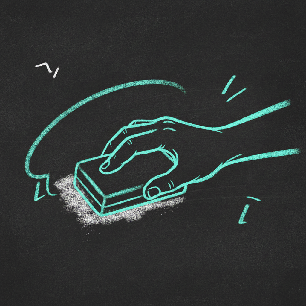 A human hand wiping the board with a chalk eraser