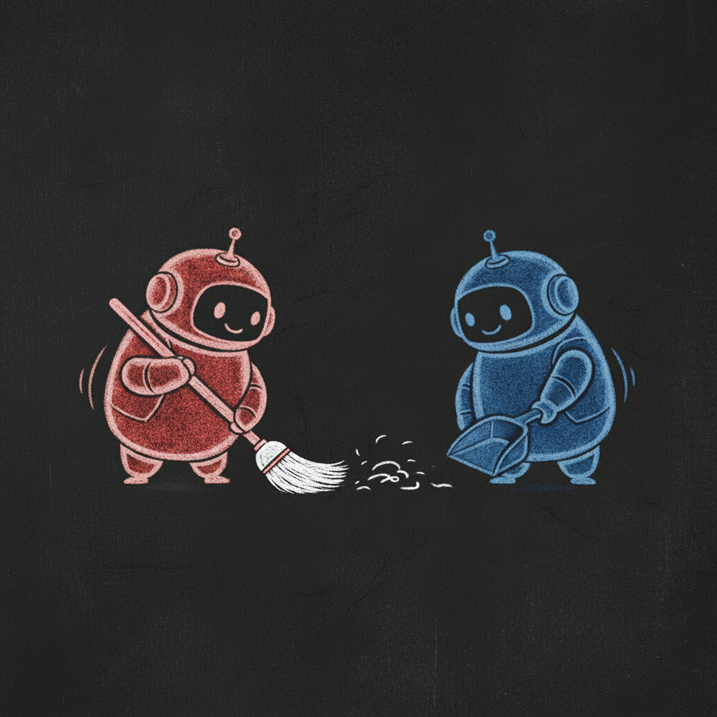 Two small robots tidying scattered marks together