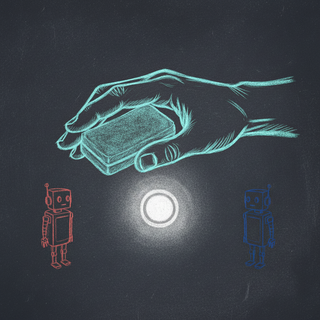 A human hand holding an eraser over a protected glowing mark, robots at a respectful distance