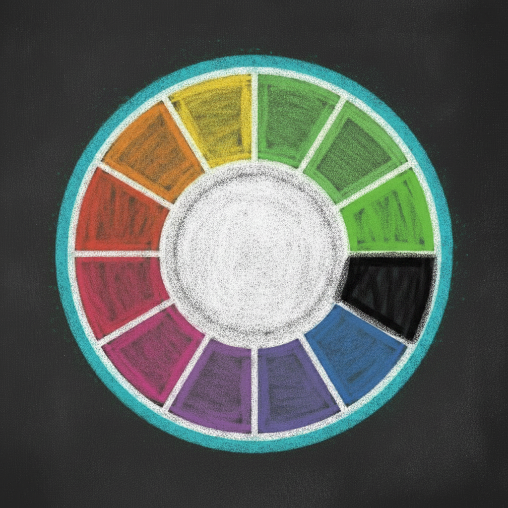 A chalk color wheel with the cyan segment erased and missing