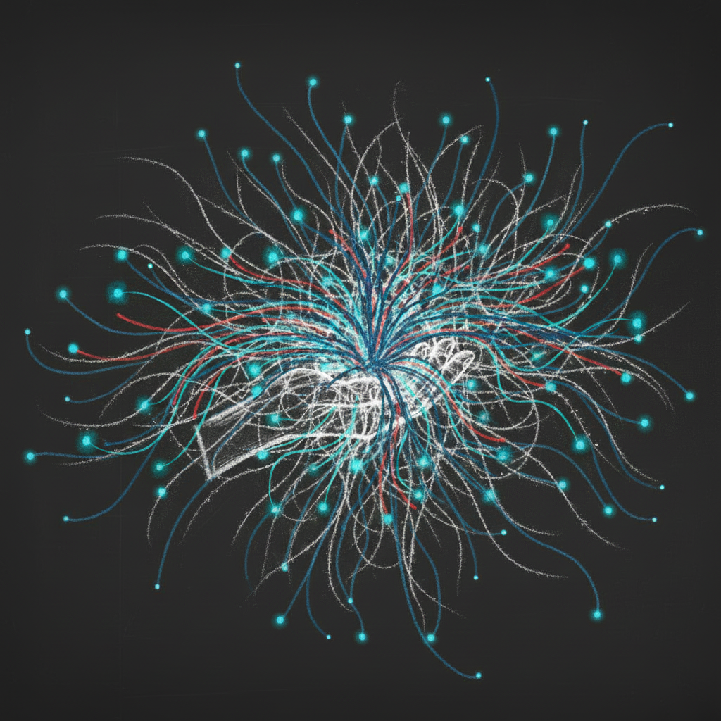 A flowing web of glowing nodes cradled by an open hand
